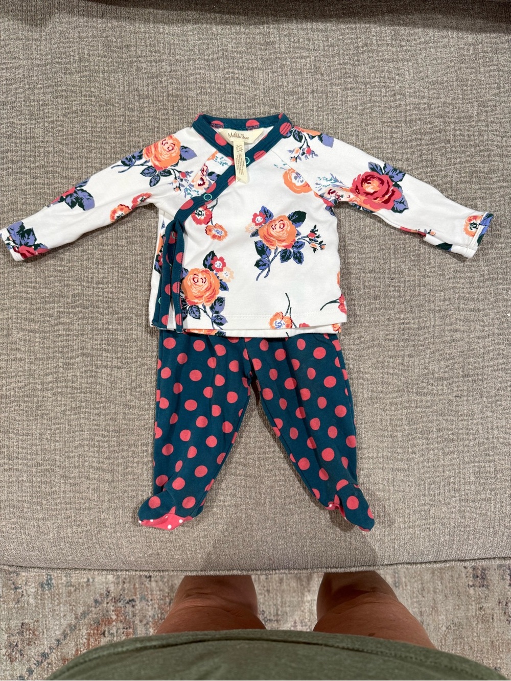 Matilda Jane White Floral Top and Teal Polka Dot Footed Pants Pajama Set